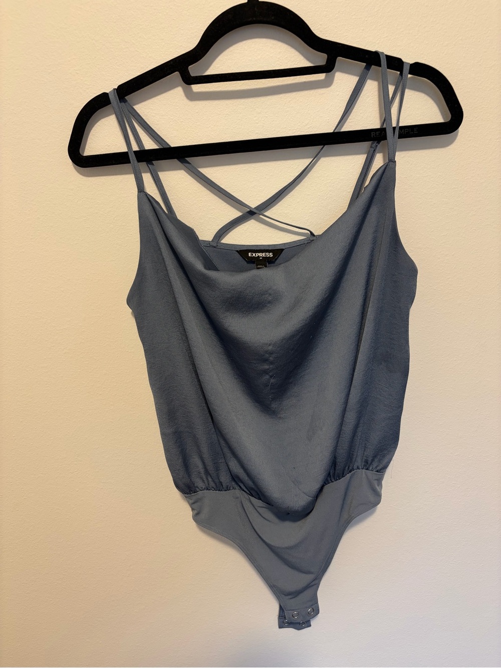 Express Strappy Draped Neck Bodysuit in Dusty Blue